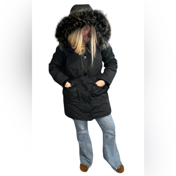 Gap Woman’s Long Parka Faux Fur Hooded Zip & Button Down Black Winter Jacket - Picture 1 of 12